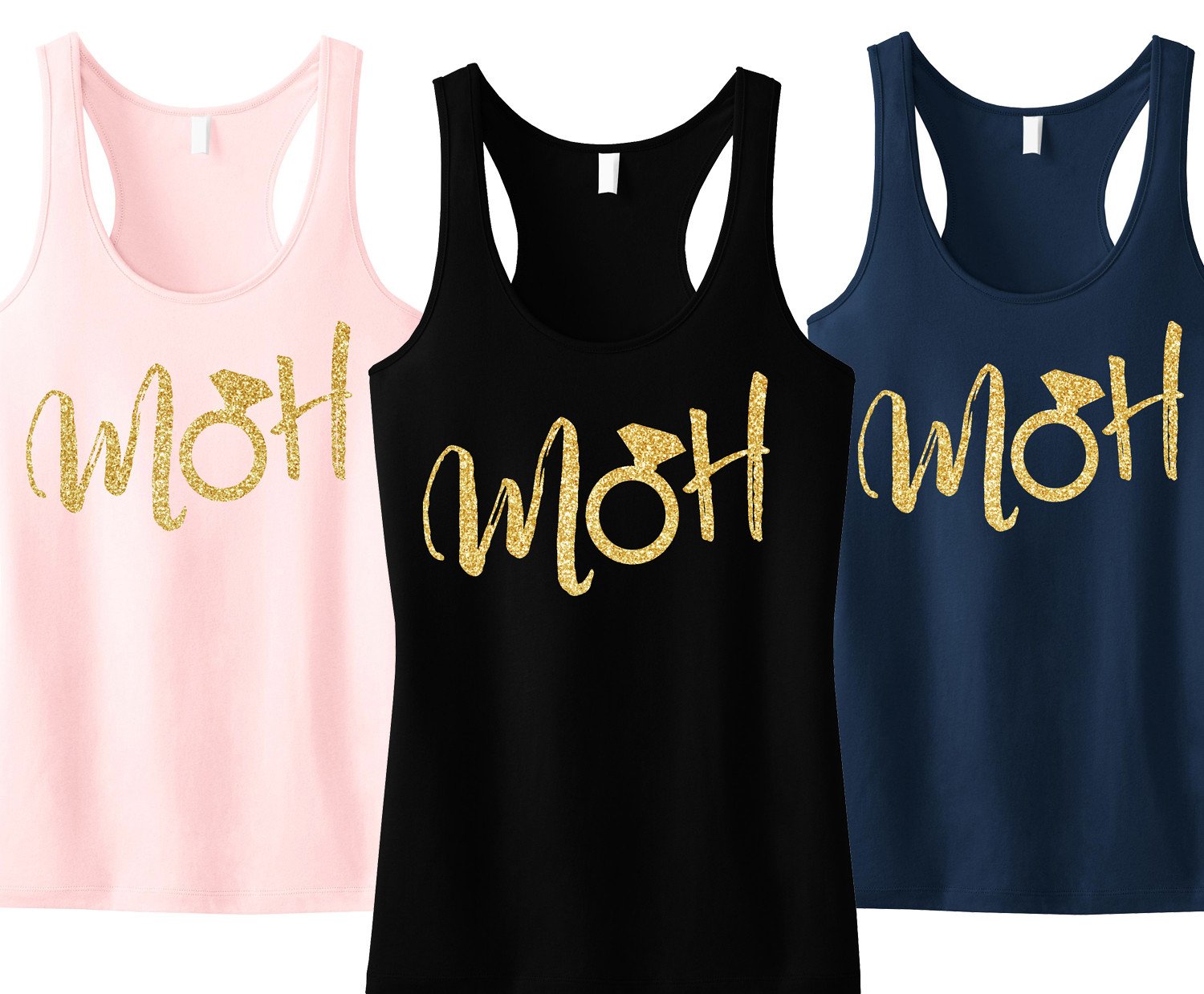 MOH Script Maid of Honor Tank Top featuring gold glitter design, available in black, blush, and navy blue colors.